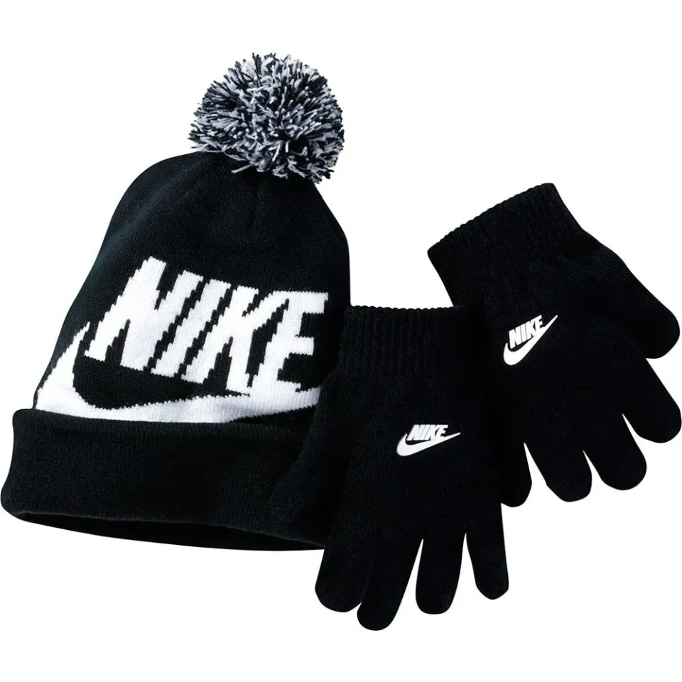 Nike Nan Swoosh Pom set berretto guanti nero invernale